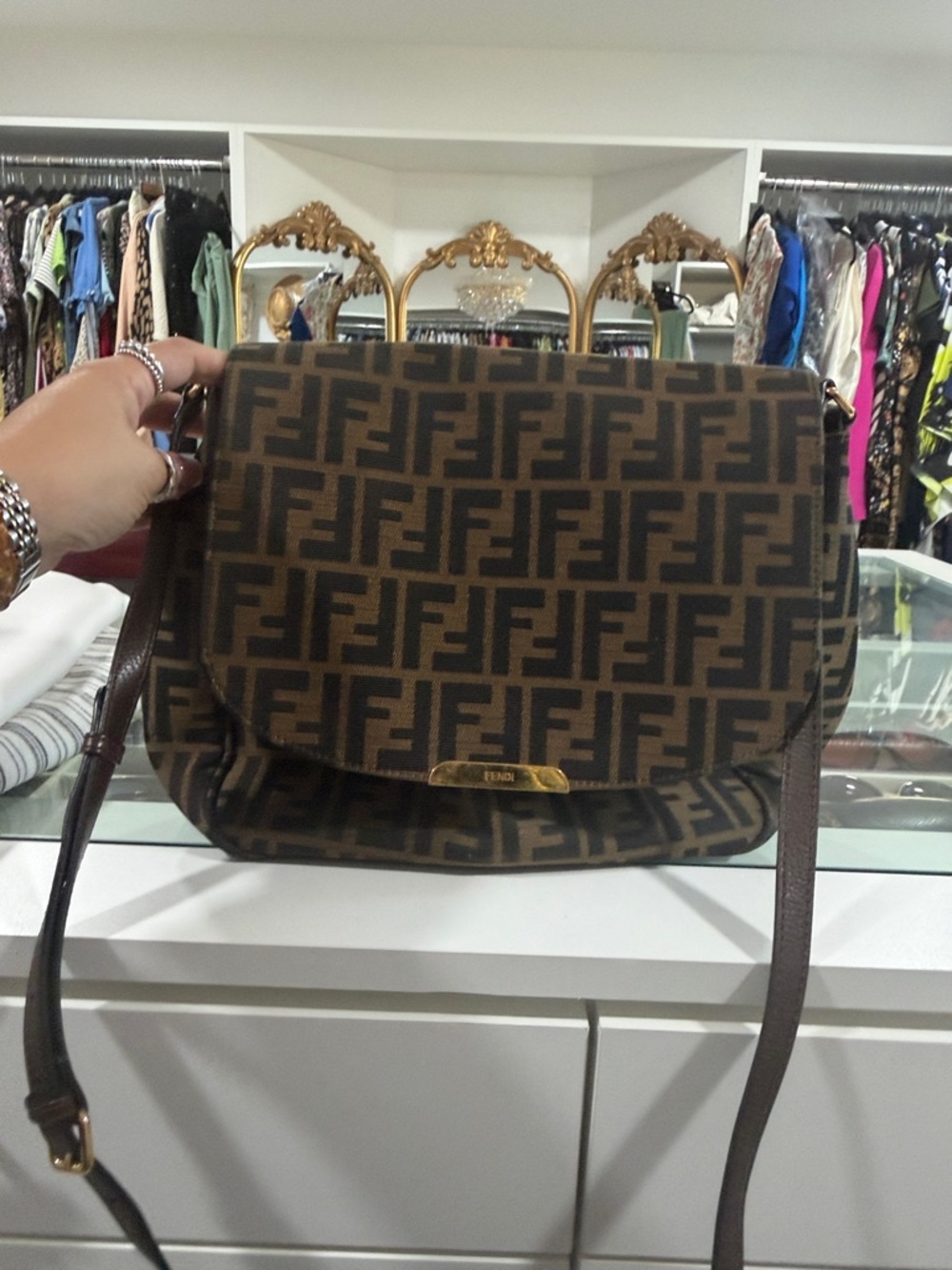 Fendi Brown Zucca Crossbody Bag with Gold Accent